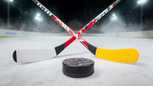 Falling snow covering an ice hockey puck and two crossed sticks on a frozen rink inside a professional stadium