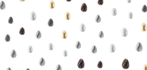 Abstract pattern of Easter eggs in various colors and designs on a white background, perfect for holiday greetings and d © vege