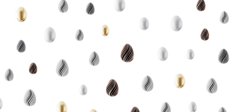 Abstract pattern of various colorful Easter eggs on a white background. Perfect for holiday design, backgrounds, and cel
