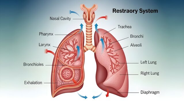 Educational medical illustration of complete human respiratory system with labeled anatomy showing lungs trachea bronchi nasal cavity pharynx larynx and diaphragm for healthcare learning and medical t