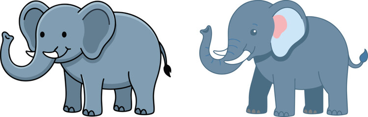 Obraz premium Set of cute cartoon elephant illustrations in flat vector style, featuring two friendly blue elephants with simple shapes and soft colors, isolated on a light background