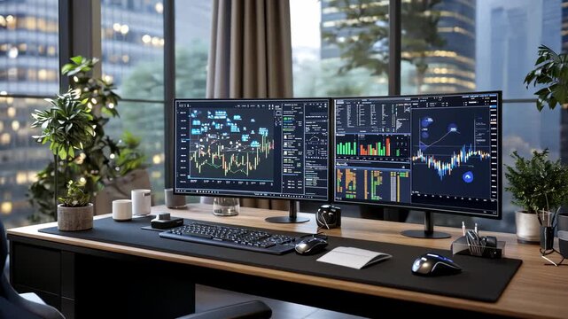 Workspace of Modern Efficiency: A meticulously organized workspace featuring dual monitors displaying intricate charts and graphs, inviting focus and precision in a modern office environment. 