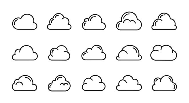 simple outline cloud icons and symbols in various styles perfect for weather apps ui ux design and digital graphics.