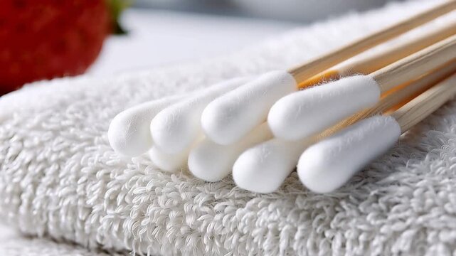 A stack of clean white towels with cotton swabs and fresh strawberries in the background for a relaxing spa