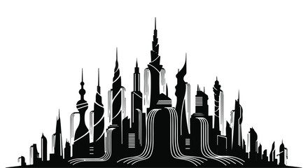 Naklejka premium Cityscape silhouette features modern skyscrapers against a clean white background.