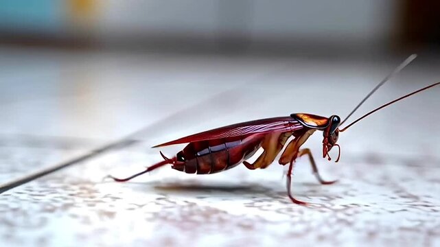 Extreme close up of a large american cockroach crawling across a dirty kitchen floor, symbolizing a pest infestation problem requiring extermination and highlighting poor household hygiene