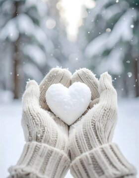 Cremefarbene behandschuhte H&auml;nde halten ein wei&szlig;es Schneeherz. 