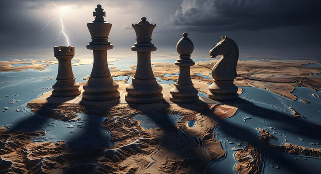 Giant Stone Chess Pieces on World Map Landscape with Lightning