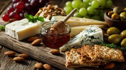 Fototapeta premium Warm cheese platter with assorted cheeses, crackers, and fruit