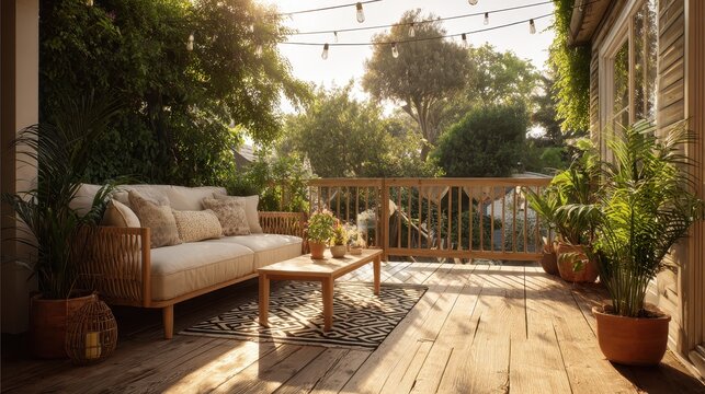 Warm evening on a wooden deck with comfortable furniture and garden view