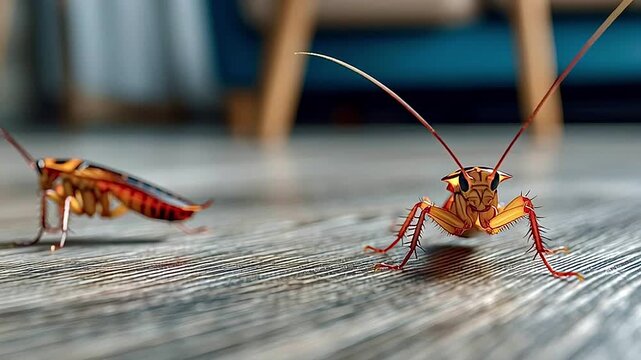 Cockroaches crawling on wooden floor indoors