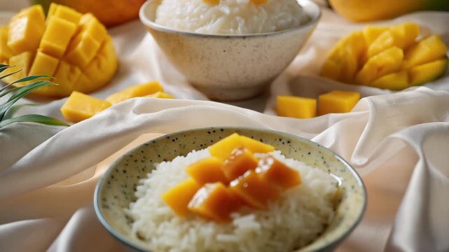 A delicious mango dessert featuring sliced mangoes and sweet treats