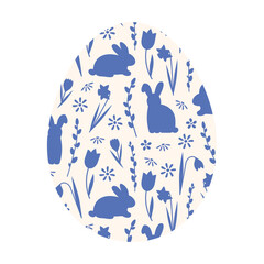 Naklejka na ściany i meble Easter egg with rabbits, pussy willow twigs and spring flowers pattern, traditional holiday ornament, decorative seasonal design- vector illustration
