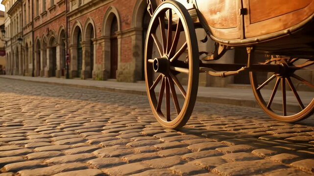 ?Historic horse carriage wheels rolling on cobblestone street at sunset