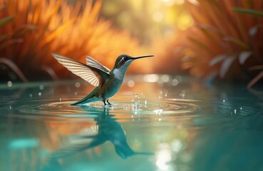 Fototapeta premium Tiny hummingbird hovers above clear water surface. Bird dips beak, sips dew from leaves. Wings blur in motion, sun shines warm light on tranquil natural scene.