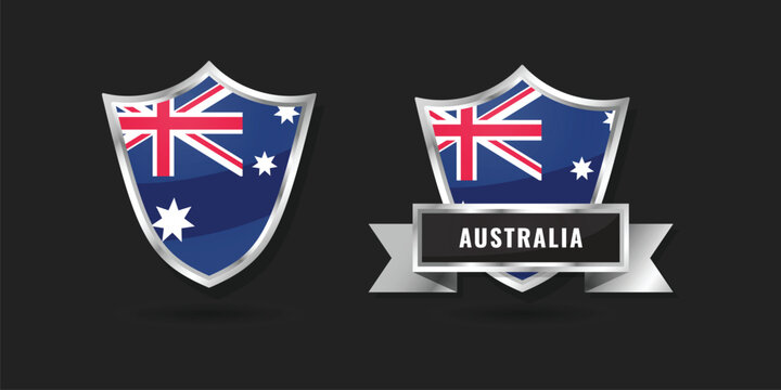 Glossy silver shield emblems featuring the national flag of Australia. Includes a version with a banner and the country name. Perfect for sports, security, and patriotic Aussie designs