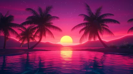 Fototapete Rosa Retro synthwave sunset landscape with palm trees and neon mountains reflected in water  © jiyu
