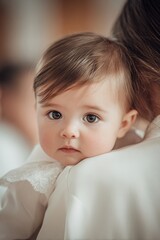 Naklejka premium A baby is held by a caregiver during a baptism ceremony. The child wears a white christening gown and has big, curious eyes. The background shows other participants in the church