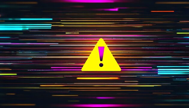 A yellow warning sign with an exclamation mark appears on a screen with colorful horizontal lines.