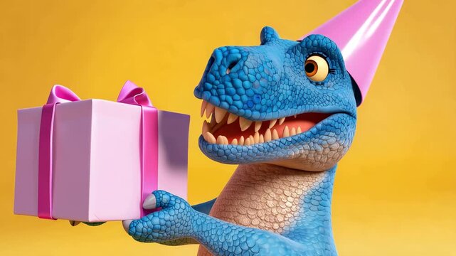 A blue dinosaur wearing a pink party hat holds a gift box in front of a yellow background in this fun .