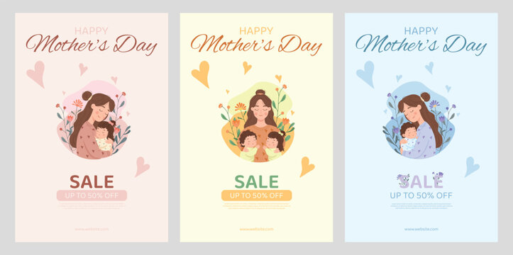A set of Happy mother's day vertical sale banners. A cute cartoon mother hugging her children with flowers and hearts. Pastel sale banner
