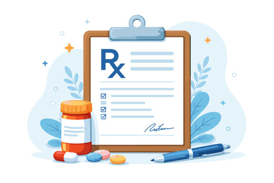 Medical Prescription Clipboard with Rx Symbol, Orange Medicine Bottle, Colorful Pills, and Blue Pen. Flat Vector Illustration for Healthcare, Pharmacy, and Doctor's Appointment Concepts.