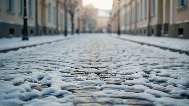 ?Snow gently falling on quiet cobblestone street peaceful winter scene
