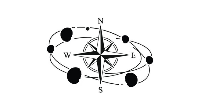 Compass rose navigates through orbiting planets in a celestial star map design.