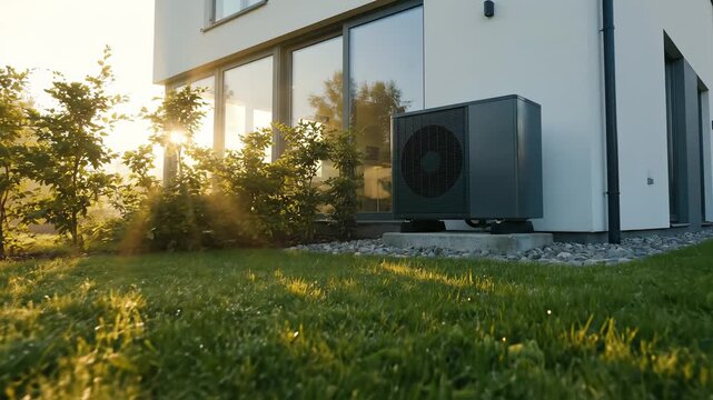 Air source heat pump outside a modern house at sunrise. Renewable energy for home heating and cooling. Sustainable technology and energy efficiency concept