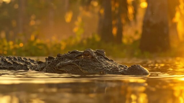 A serene alligator swimming in golden hour light.