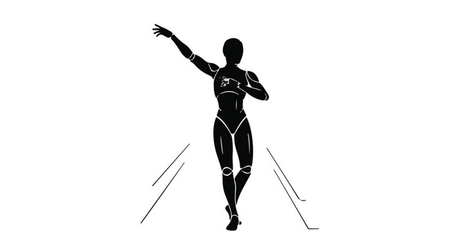 Sleek Futuristic Female Robot Silhouette Striding Forward with Raised Arm, Symbolizing AI and Technological Advancement