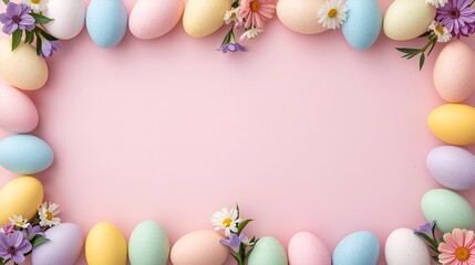 Fototapeta premium A serene top down view showcases a composition of pastel hued Easter eggs nestled amidst a scattering of delicate, blooming spring flowers