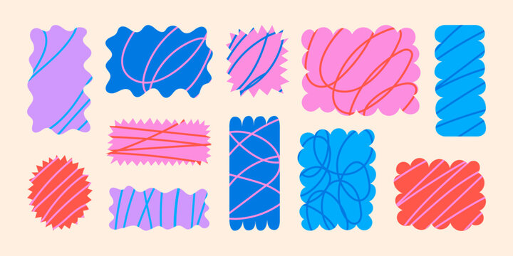 Set of abstract geometric shapes with wavy and zigzag edges and hand drawn lines. 
