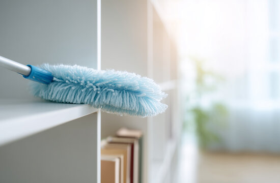 Dusting shelves, Professional duster cleaning furniture. Close-up of domestic housework and maintenance service in a home