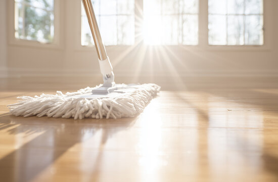 Mopping wooden floor, Professional house cleaning service. Bright sunlight reflecting on clean parquet with a mop in motion