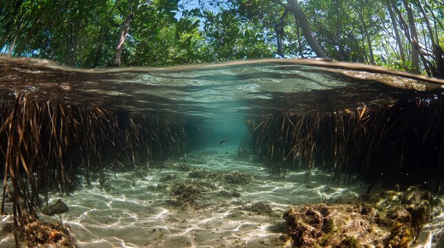 Underwater view of mangrove forest with sunlit roots and clear water, showcasing natural serenity