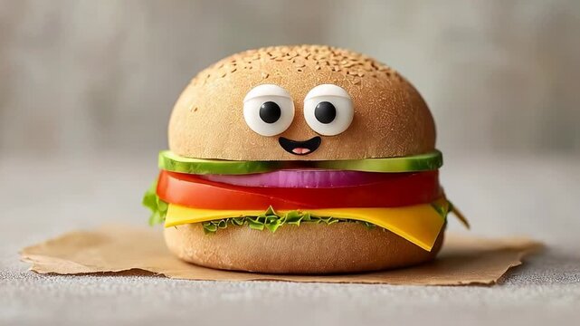 Adorable cartoon burger with cute face on wooden surface against blurred background