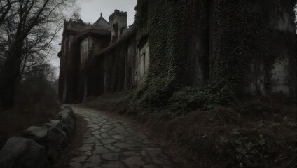 Fototapeta premium Eerie Stone Path Leading to a Dark, Gothic Mansion.