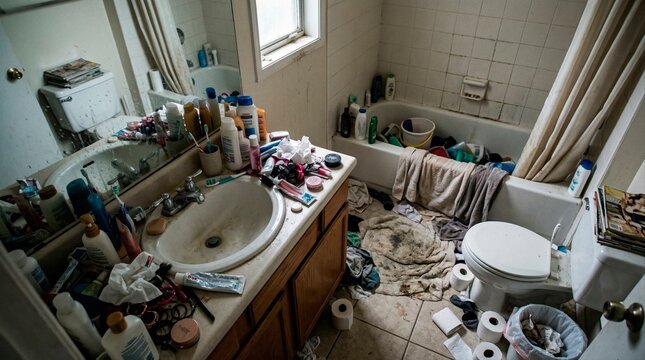 Messy and cluttered bathroom interior with scattered toiletries and clothes. Disorganized and dirty domestic room with overflowing trash and unhygienic conditions