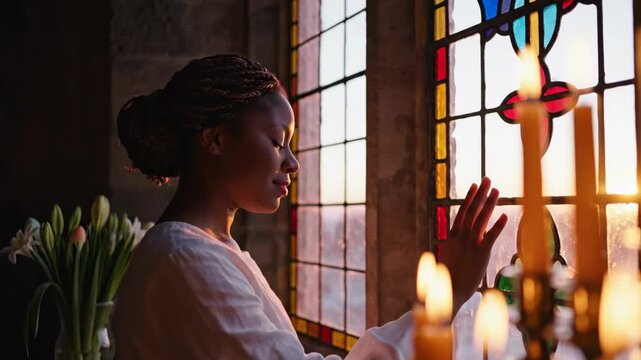 young african woman standing in church near stained glass window and candles. easter resurrection and faith concept. spiritual portrait. christian holiday celebration.