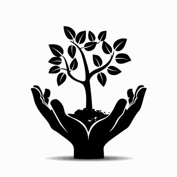 Hands holding a growing tree silhouette, symbolizing environmental protection, sustainable development, and nature conservation.