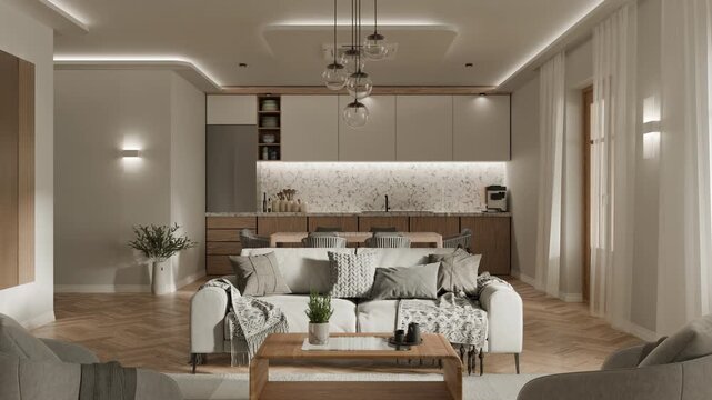Modern open-plan living room and kitchen with herringbone parquet floor, globe pendant light, marble backsplash, wood cabinets, gray armchairs, white sofa, and warm LED cove ceiling lighting