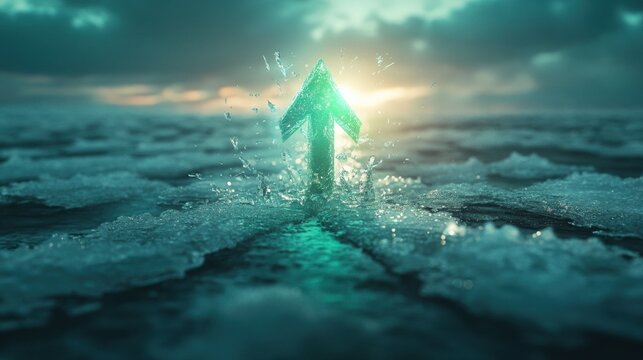 Green Arrow of Economic Recovery Breaking Through Frozen Lake - Surreal Symbolism of Growth and Resilience