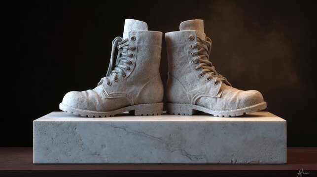 Pair of detailed military boots on a stone pedestal side view neutral background