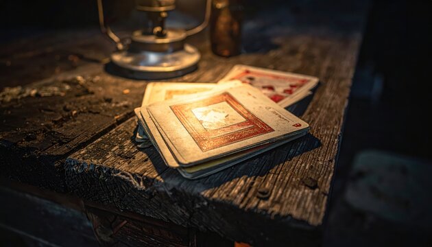 A stack of worn, stained playing cards scattered on a rough wooden surface near an old lantern, evoking a sense of vintage gambling and nostalgia.