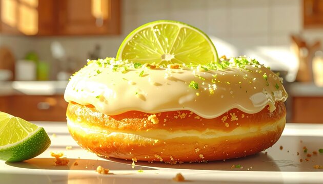 Close-up of a delicious key lime pie doughnut with graham cracker crust and fresh lime slice garnish