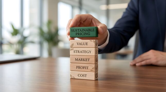 Businessman stacking wooden blocks to build a sustainable pricing strategy model