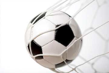 Naklejka premium Soccer ball hitting goal net isolated on white background