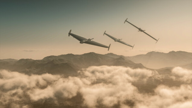 The HESA Shahed 136 is an Iranian loitering munition in the form of an autonomous pusher-prop drone. Drones flying at sunset. Sensitive targets, attack. 3d rendering