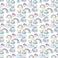 Obraz premium Cute Baby Bear Seamless Pattern with Rainbow Clouds and Stars